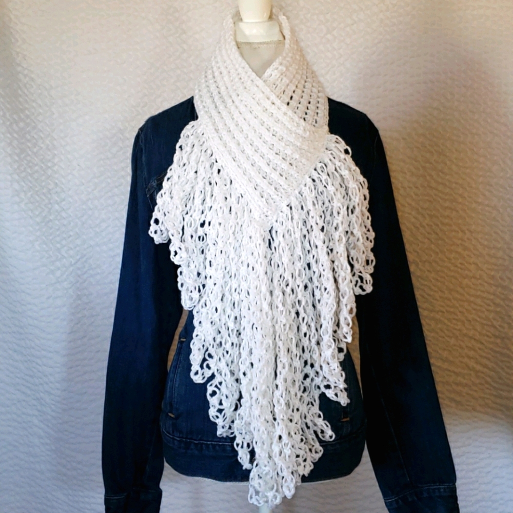 Handmade White Scarf. Crochet Knitted. Beautiful